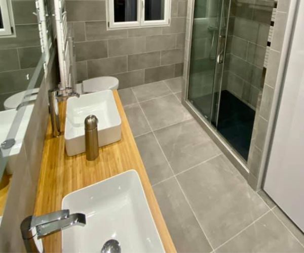 Plan de travail avec double vasque et douche moderne dans une salle de bain rénovée